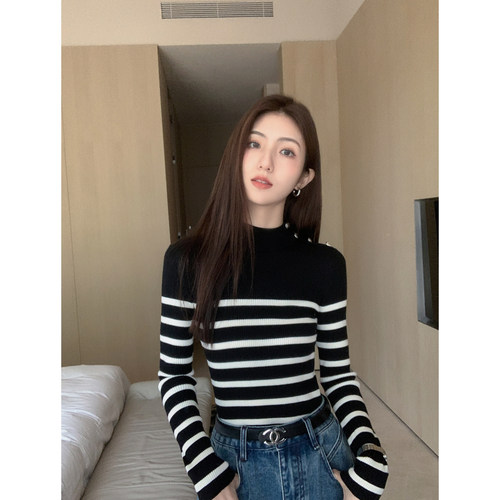 条纹半高领毛衣百搭复古显瘦