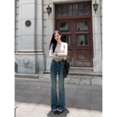 现货7.5折 复古蓝色微喇叭裤 牛仔裤 MULVAN 女高腰显瘦马蹄长裤