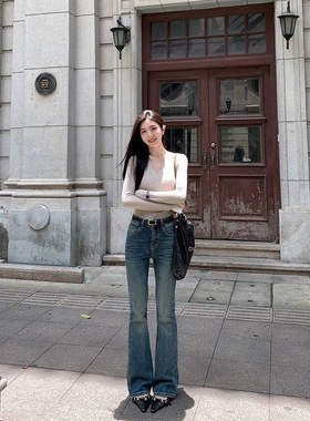 MULVAN【现货7.5折】复古蓝色微喇叭裤牛仔裤女高腰显瘦马蹄长裤