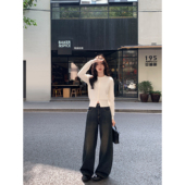 MULVAN深蓝色阔腿牛仔裤 女秋冬显瘦百搭高腰休闲宽松拖地直筒长裤