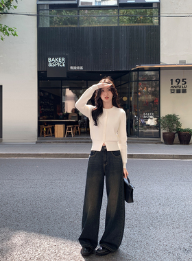 MULVAN深蓝色阔腿牛仔裤女秋冬显瘦百搭高腰休闲宽松拖地直筒长裤