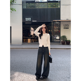 MULVAN深蓝色阔腿牛仔裤 女秋冬显瘦百搭高腰休闲宽松拖地直筒长裤