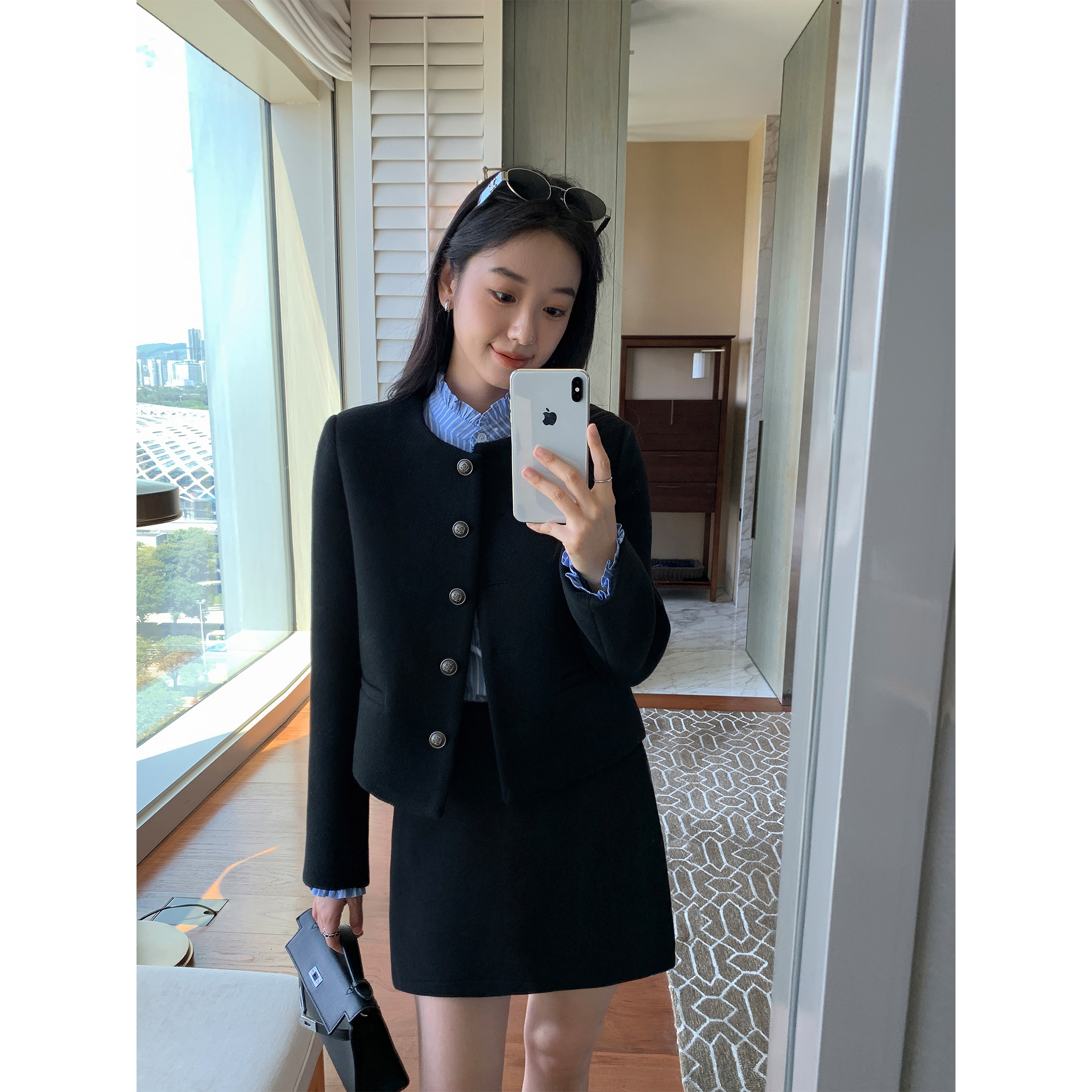 MULVAN 南山塔邂逅 黑色小香风毛呢外套女秋冬高级感气质短款上衣