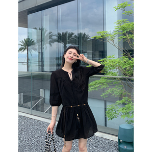 MULVAN 两件套V领连衣裙女夏新款法式甜美渡假风裙子宽松收腰短裙