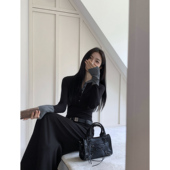 MULVAN复古撞色长袖 上衣 显瘦内搭打底衫 针织衫 女春秋半开领修身