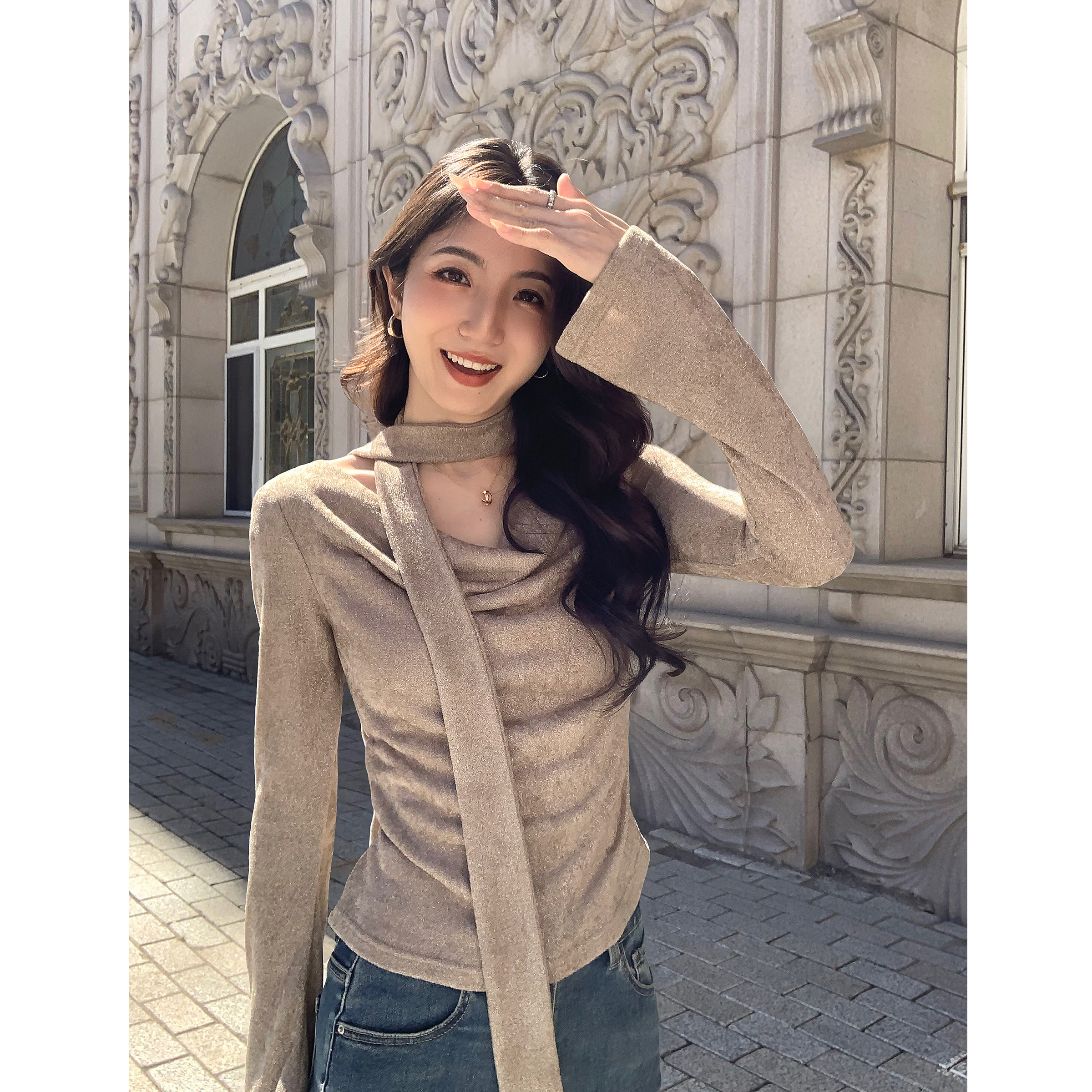 MULVAN 收藏浪漫 荡领长袖针织衫女微喇袖口修身显瘦上衣~配飘带