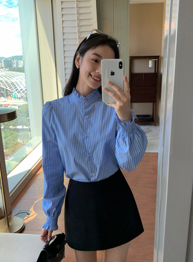 MULVAN 布列塔尼 法式木耳边立领长袖衬衫女蓝色条纹喇叭袖衬衣