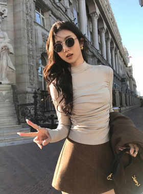 MULVAN 南韩oni 设计感褶皱半高领打底针织衫女修身显瘦内搭上衣