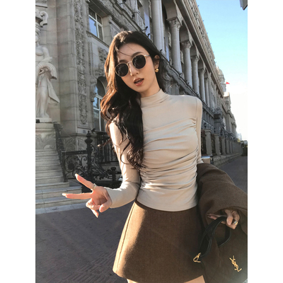 MULVAN 南韩oni 设计感褶皱半高领长袖t恤女打底针织衫修身上衣