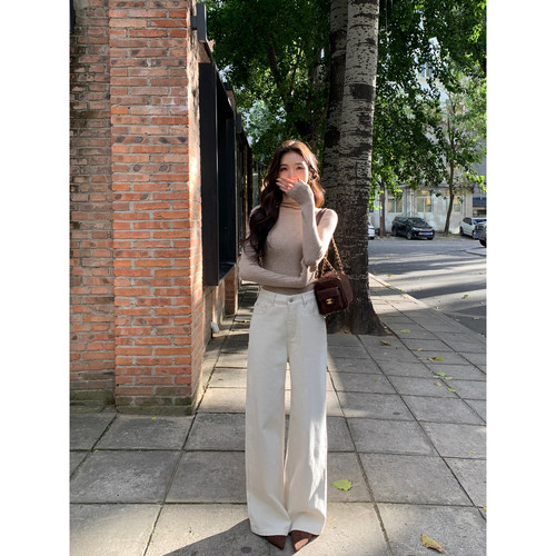 MULVAN 长腿翘楚 简约米白色阔腿牛仔裤女高级感宽松通勤直筒长裤