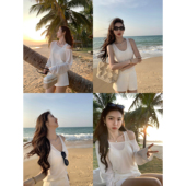 上衣女叠穿吊带背心两件套 宽松斜肩微透针织罩衫 MULVAN 迭升时髦