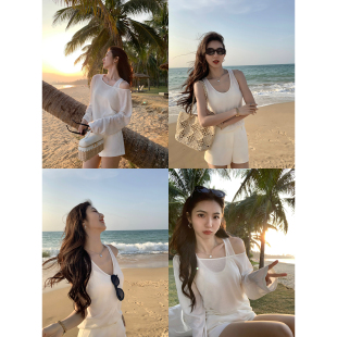 上衣女叠穿吊带背心两件套 宽松斜肩微透针织罩衫 MULVAN 迭升时髦