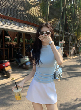 MULVAN 半高领针织短袖t恤女修身新款设计感收腰显瘦短款上衣
