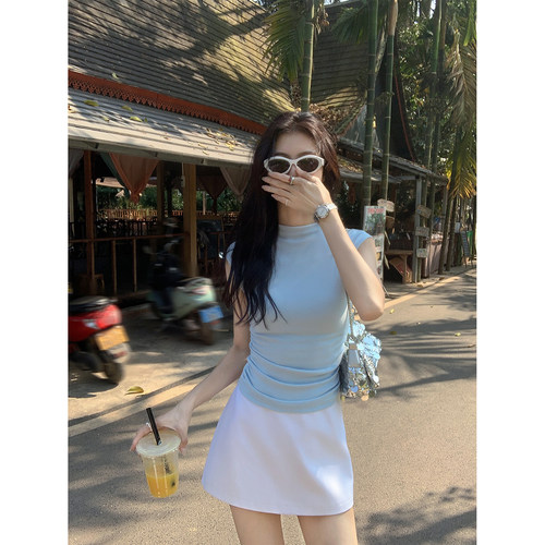 MULVAN 半高领针织短袖t恤女修身新款设计感收腰显瘦短款上衣