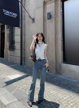 MULVAN蓝色复古高腰微喇牛仔裤女弹力修身显瘦气质拖地喇叭裤长裤