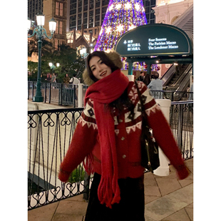 MULVAN 女秋冬加厚设计感宽松针织小外套 红色费尔岛提花毛衣开衫