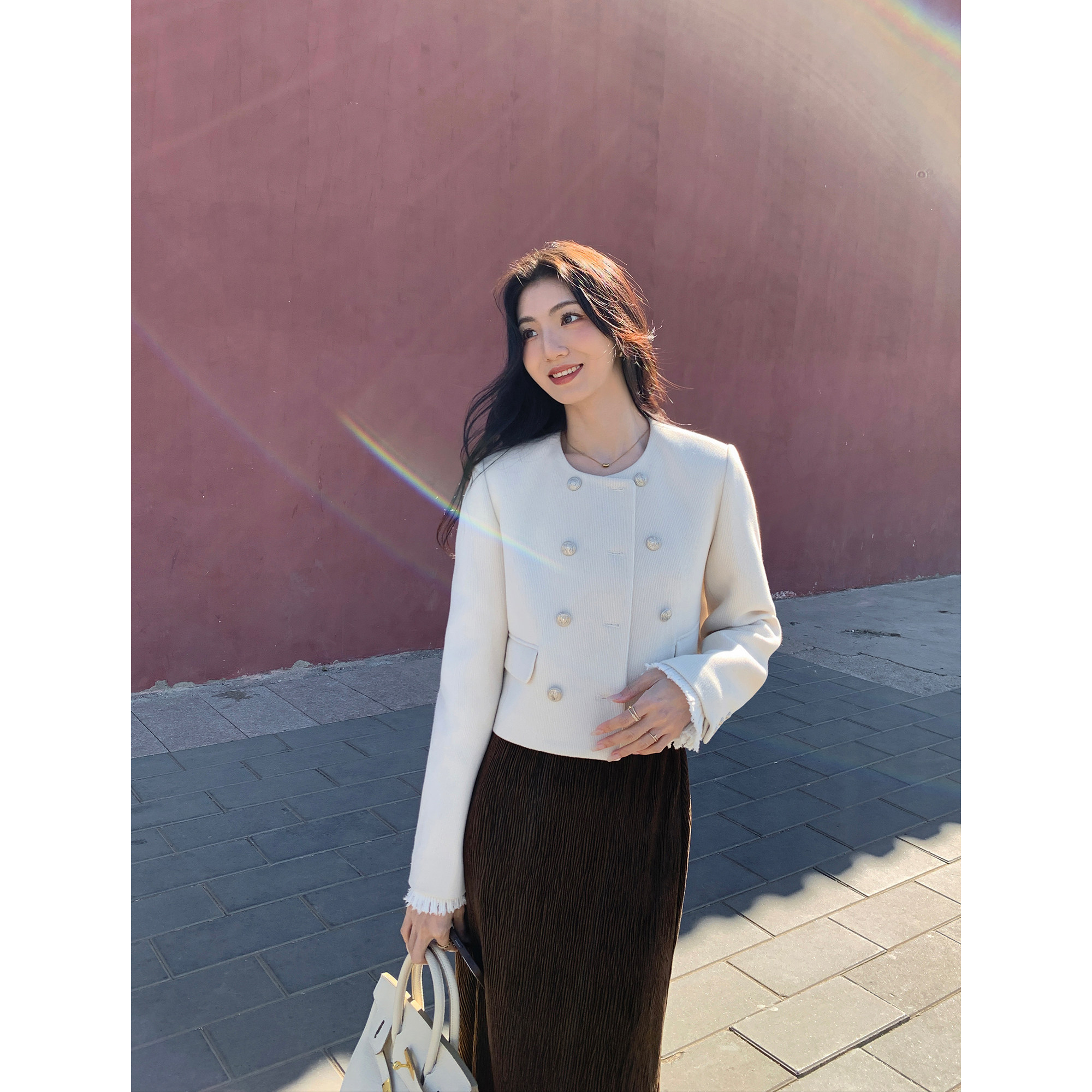 MULVAN 【现货7折】杏色小香风外套女高级感短款双排扣开衫上衣,女装/女士精品,短外套,淘宝优惠券,粉丝福利购,淘宝优惠卷