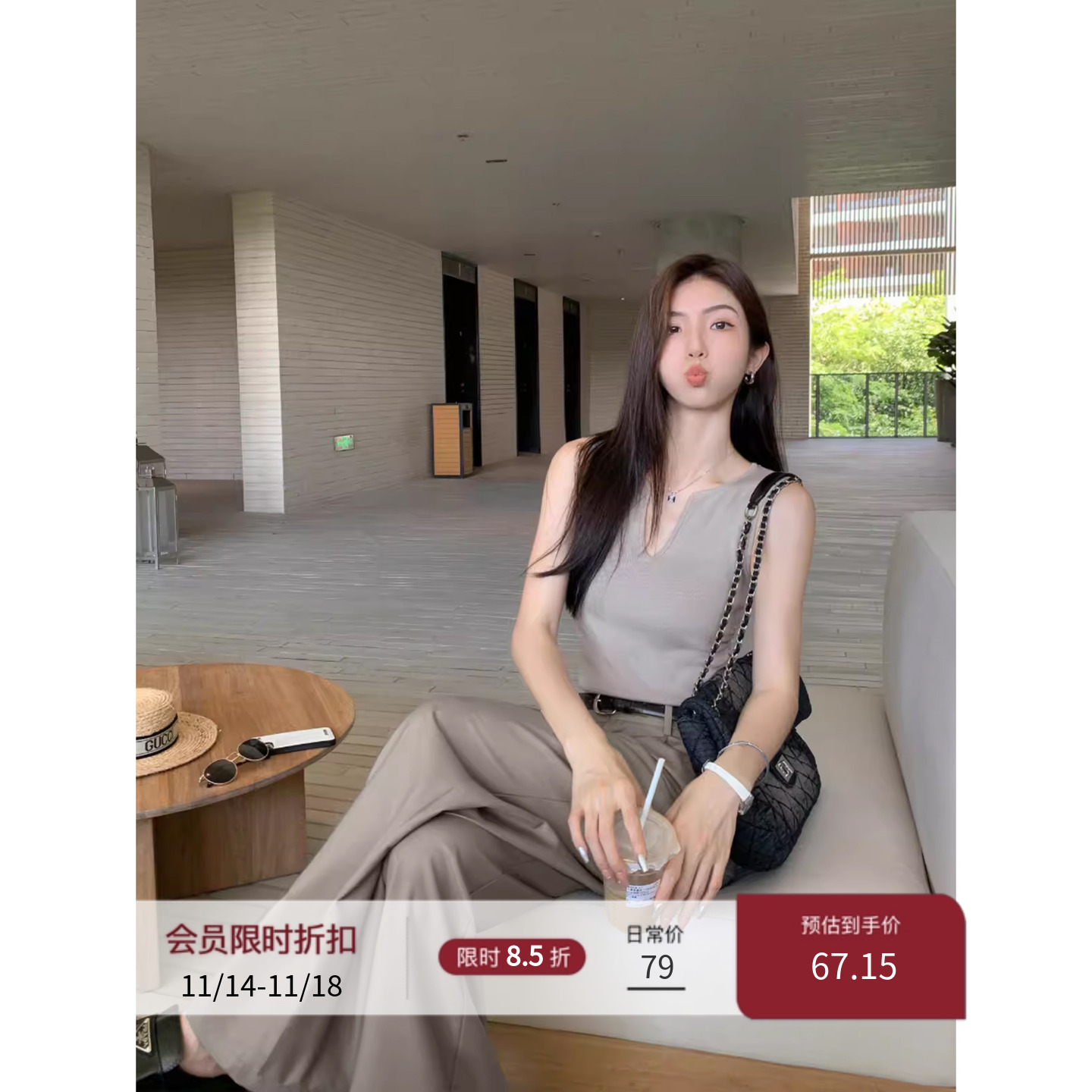 v领针织衫背心修身无袖上衣