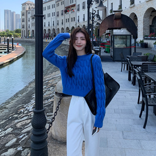 麻花毛衣女外穿秋冬高级感宽松复古套头慵懒风上衣 MULVAN蓝色短款