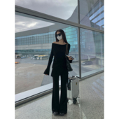 足尖舞蹈 荡领斜肩上衣女设计感t恤女 假两件休闲裤 MULVAN 套装