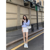 现货6折 白色牛仔短裤 女卷边休闲裤 MULVAN 高腰a字包臀直筒裤