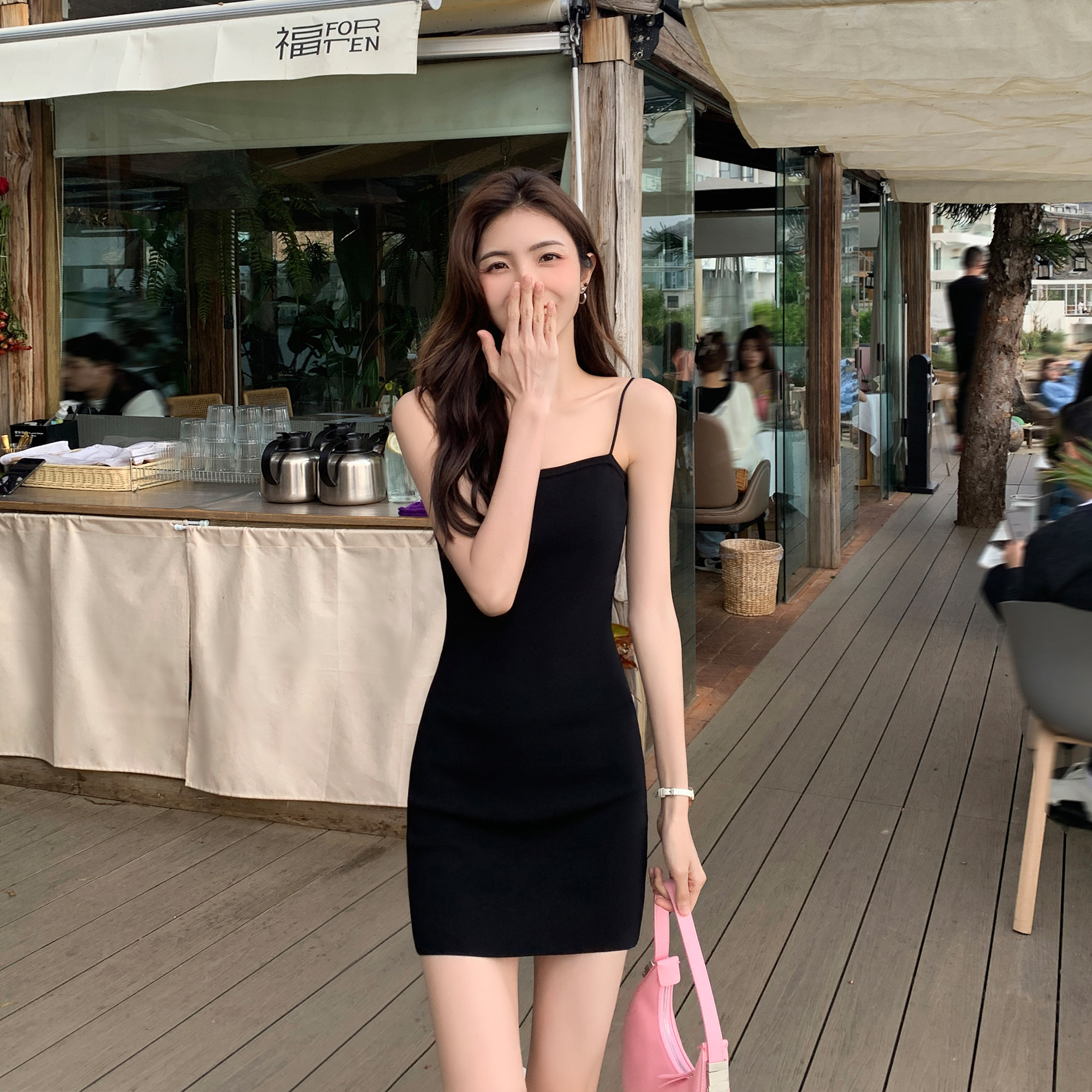 MULVAN 黑色针织吊带连衣裙女修身显瘦抹胸包臀短裙性感辣妹裙子