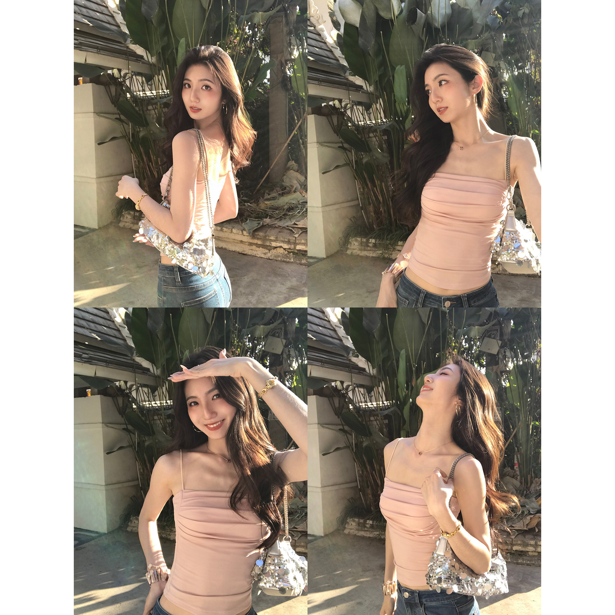 MULVAN 自留单品 带胸垫方领吊带背心女设计感褶皱修身短款上衣