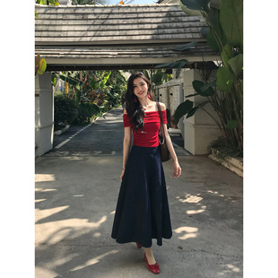 MULVAN 复古蓝色牛仔半身裙女中长款 新品 春野森会 伞裙 8折