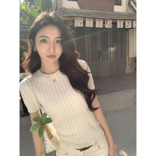 上衣女复古麻花显瘦针织衫 MULVAN 撞色条纹圆领短袖 经典 夏日甜茶