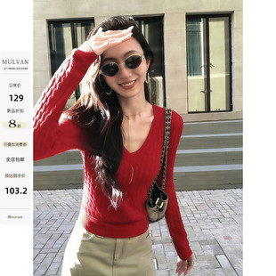 MULVAN 周日寄语 复古红色麻花V领套头针织衫女短款修身长袖上衣