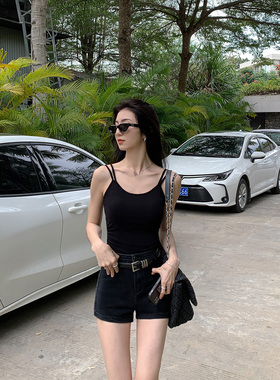 MULVAN【现货6折】蓝色牛仔短裤女弹力高腰百搭A字性感包臀热裤