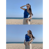 MULVAN 小上衣 无袖 嬉皮玩家 斜肩不规则吊带背心女夏花边单肩修身