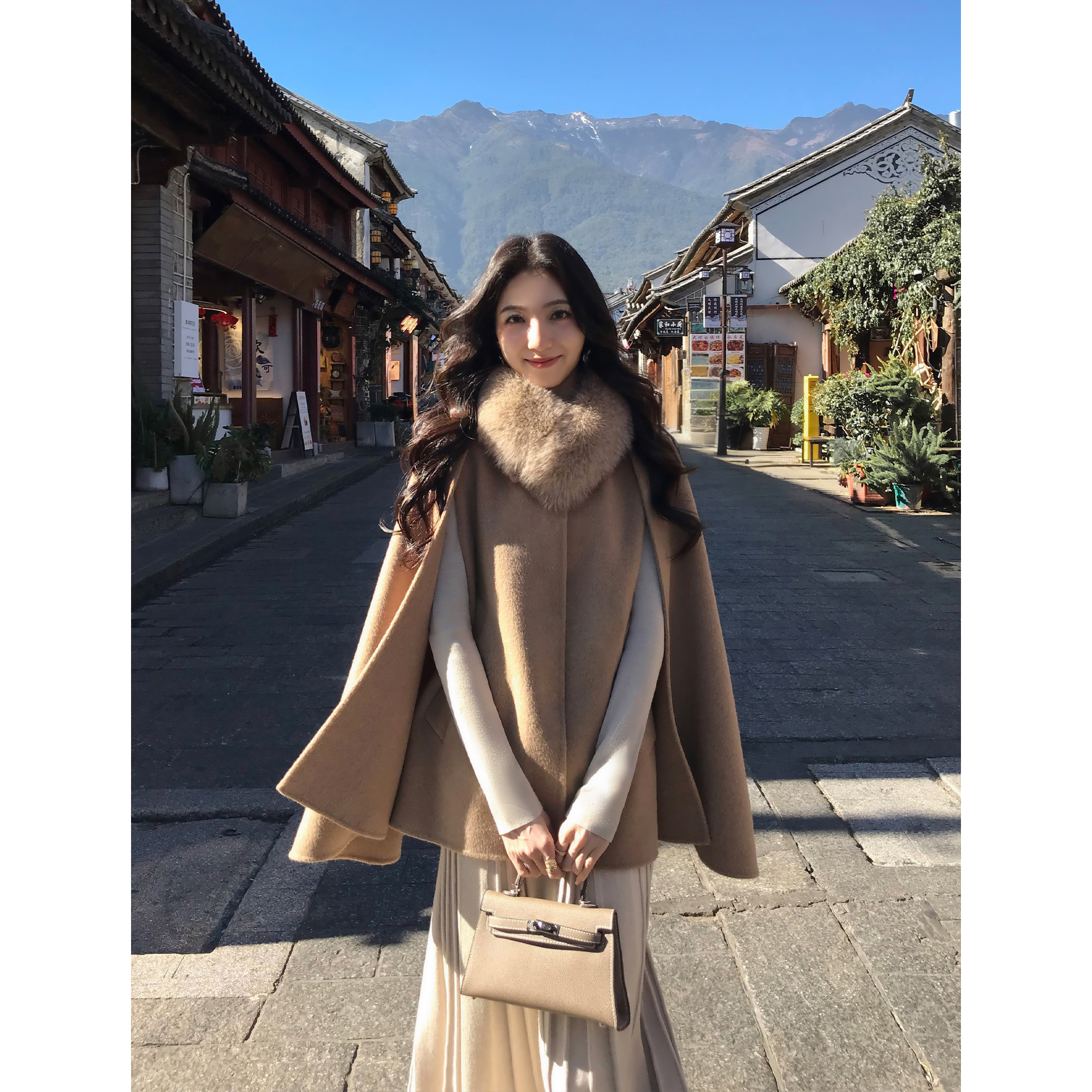 MULVAN 暮色松脂 雅奢狐狸毛领披肩斗篷女真两件羊毛双面呢外套