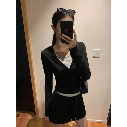 MULVAN 运动少女 假两件连帽长袖t恤女针织上衣+半身裙卫衣套装