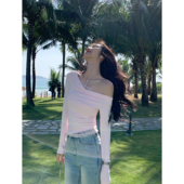 MULVAN 斜肩t恤 长袖 拼接蕾丝针织荡领上衣内搭打底衫 女设计感修身