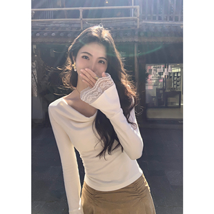 女蕾丝拼接喇叭长袖 MULVAN 荡领露肩针织衫 法式 打底上衣 反复搭配