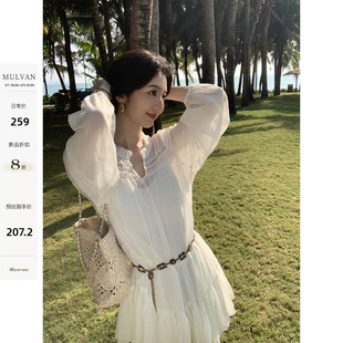MULVAN 罗马假日 法式约会白色连衣裙女宽松度假风海边短款衬衫裙