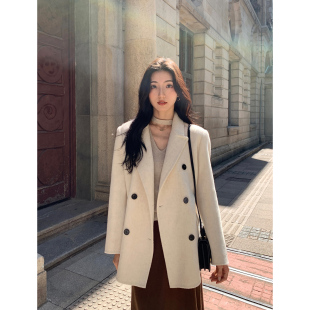 MULAVN 毛呢外套女高级感双排扣小个子羊毛双面呢子大衣 秋冬短款