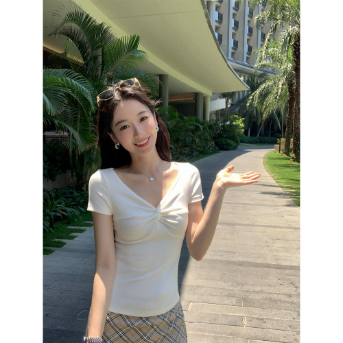 气质V领正肩短袖T恤修身针织上衣