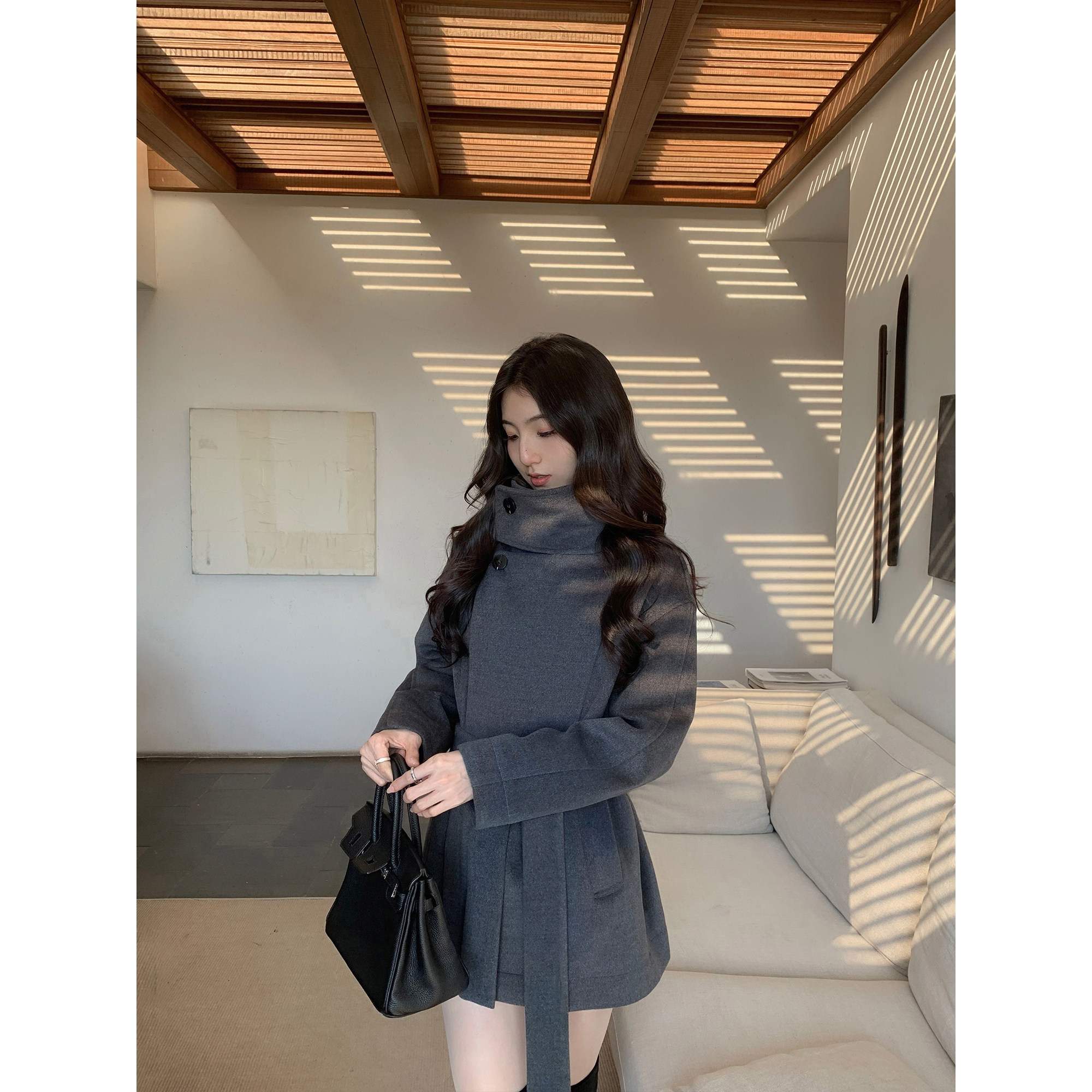 MULVAN 雾弥冬音 高级灰色立领毛呢外套女气质保暖短款廓形大衣,女装/女士精品,毛呢外套,淘宝优惠券,粉丝福利购,淘宝优惠卷