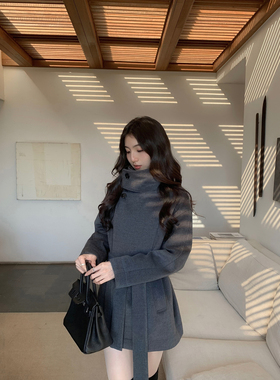 MULVAN 雾弥冬音 高级灰色立领毛呢外套女气质保暖短款廓形大衣