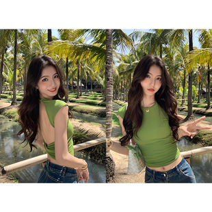 修身 MULVAN t恤女性感外穿短款 镂空露背带胸垫无袖 背心 进阶辣妹