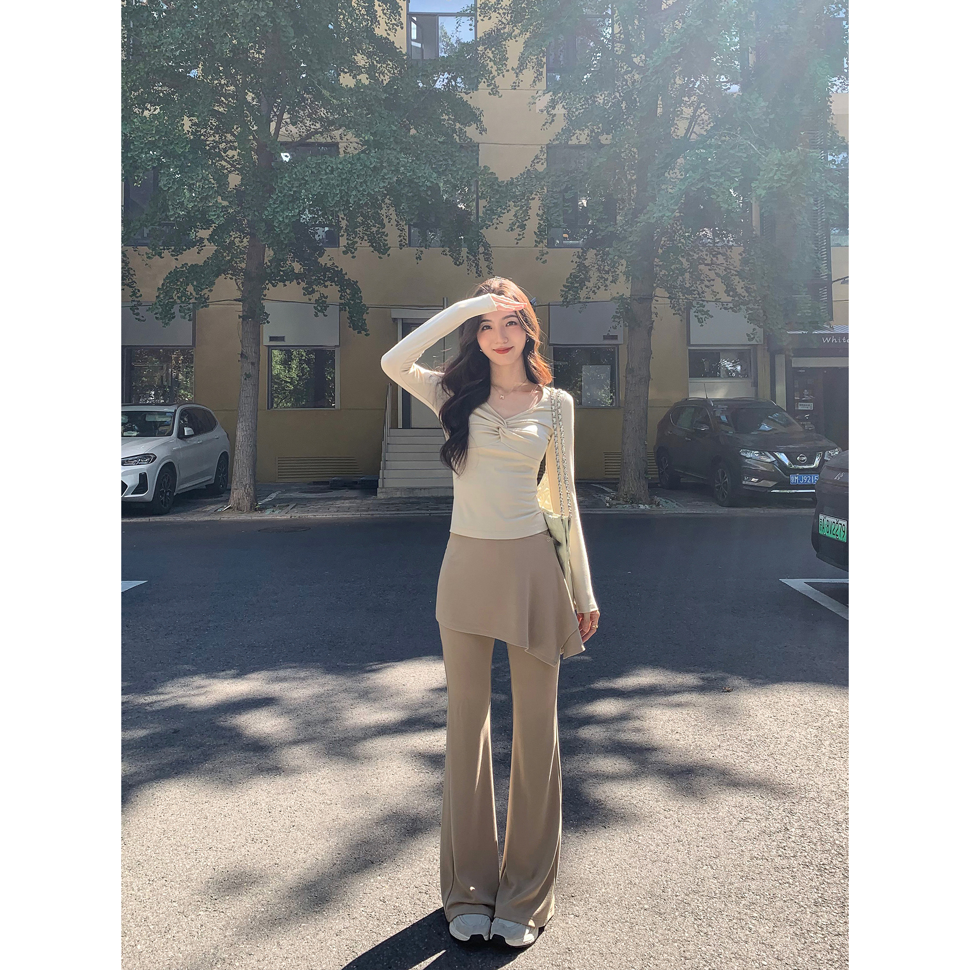 MULVAN 时髦精 设计感真两件屁帘微喇休闲裤女弹力显瘦垂感拖地裤