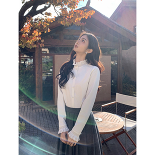 优雅风韵 长袖 法式 女花边高级感修身 衬衣 木耳边立领衬衫 MULVAN