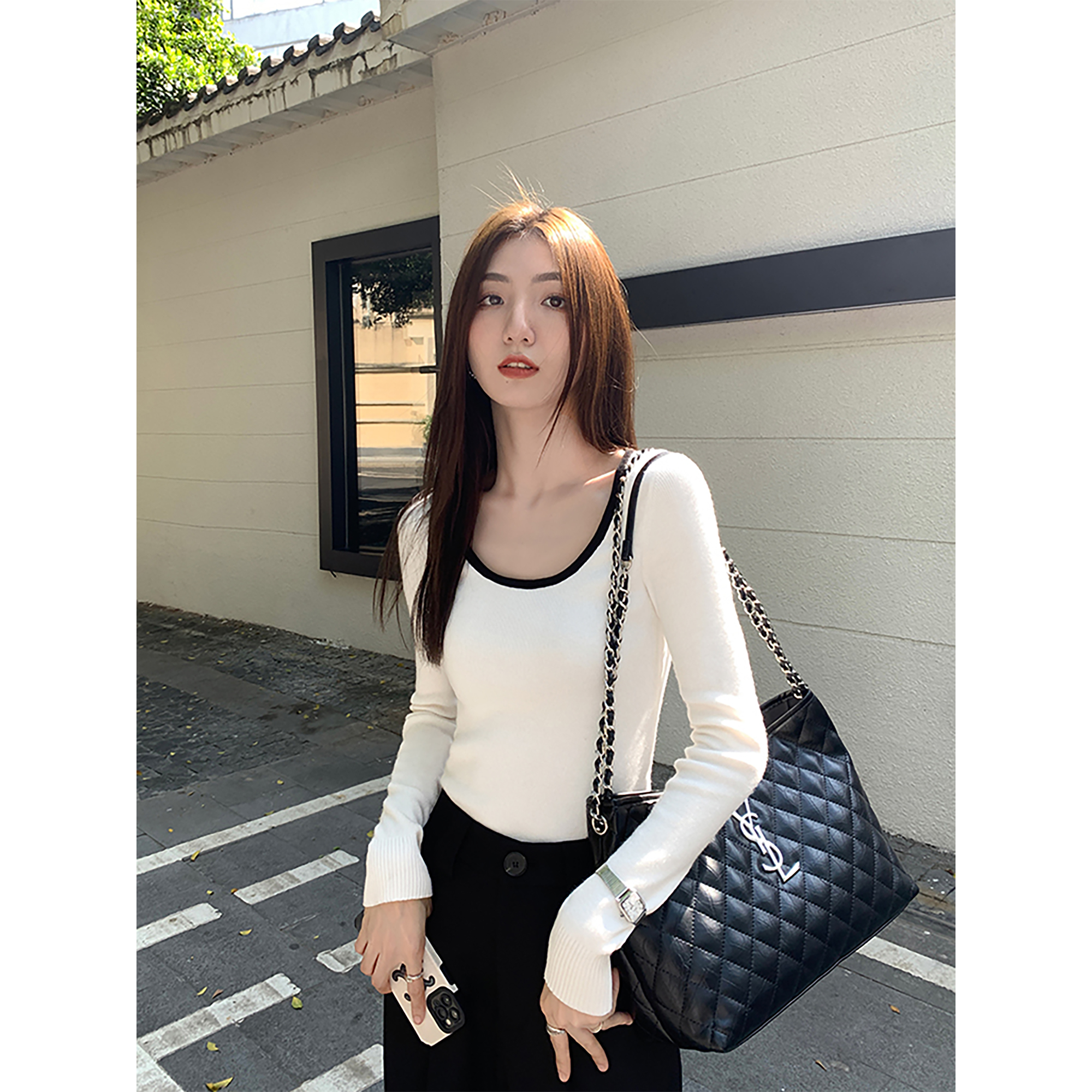 撞色针织衫女设计感上衣