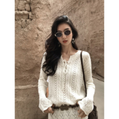 MULVAN 宽松上衣 毛衣女慵懒风长袖 保加利亚 柔软圆领镂空针织衫