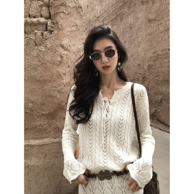 MULVAN保加利亚柔软圆领镂空针织衫毛衣女慵懒风长袖宽松上衣