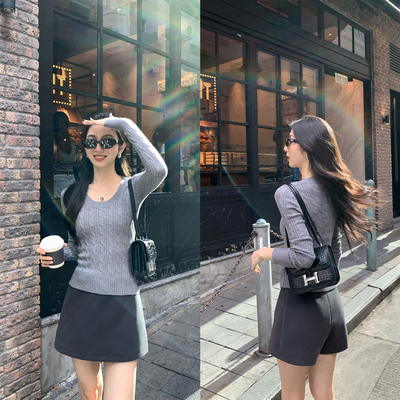 MULVAN 巴塞漫游调 复古咖色防走光西装短裙女显瘦包臀a字裙裤