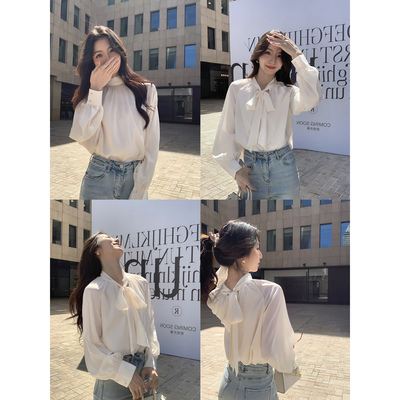 MULVAN 单穿/内搭都可！ 飘带蝴蝶结衬衫女复古法式气质长袖衬衣