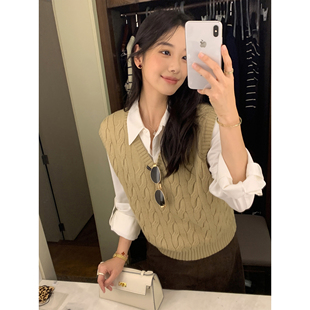 坎肩叠穿针织背心 复古风麻花v领毛衣马甲女无袖 MULVAN 秋风茶香
